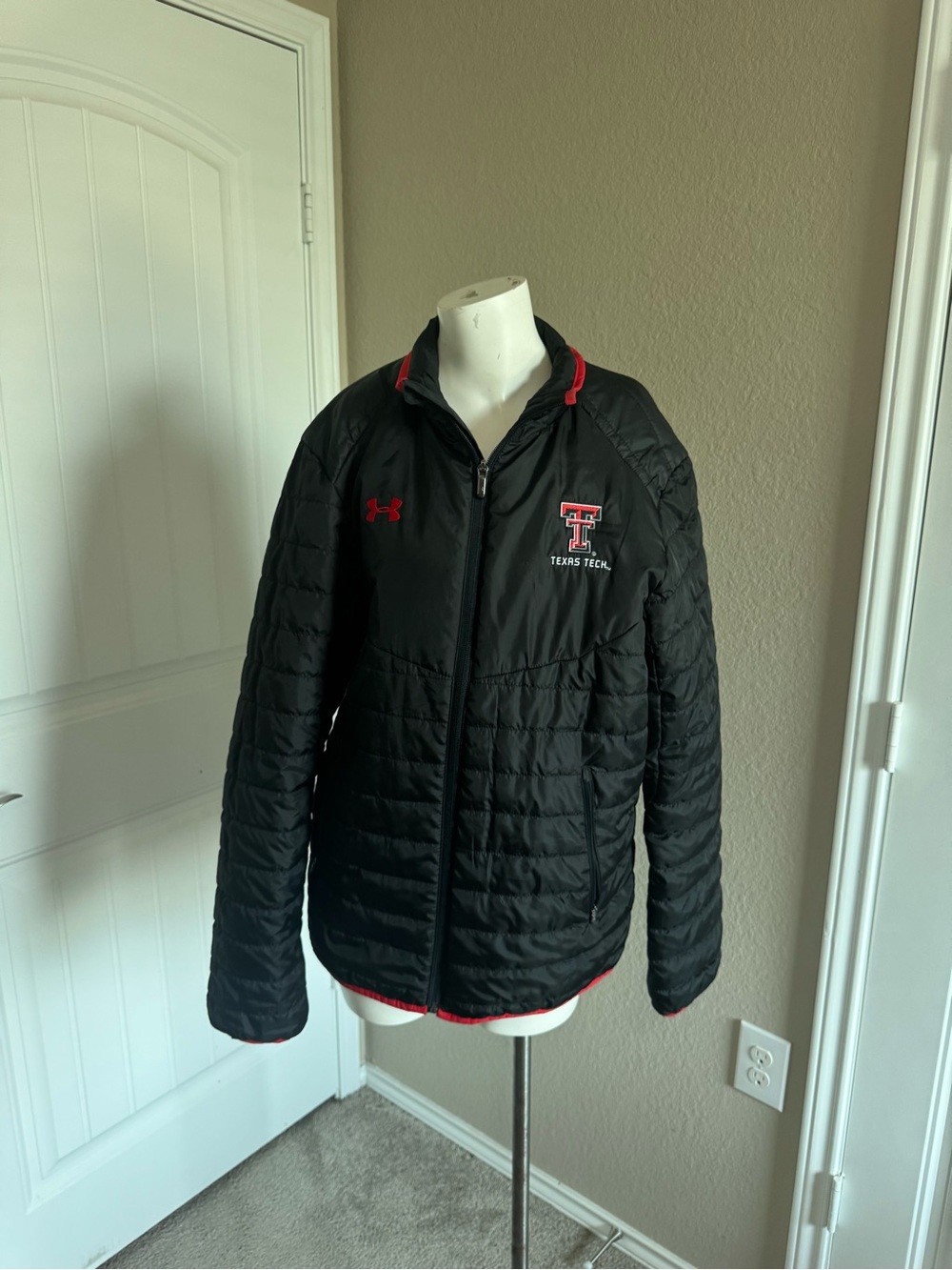 Under Armour Black Puffer Jacket with Red Trim and Texas Tech Logo
